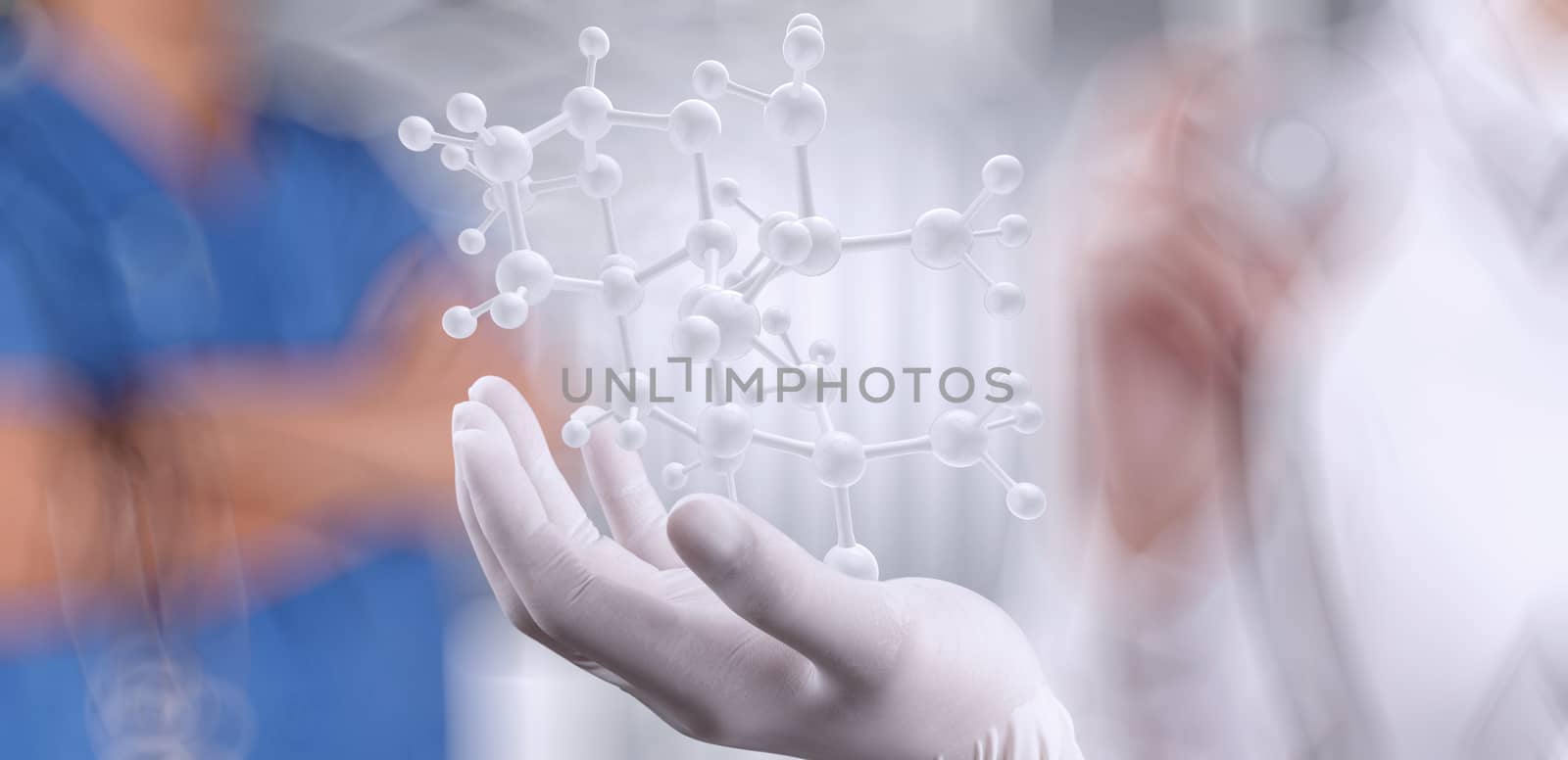 scientist doctor hand holds virtual molecular structure in the lab as concept