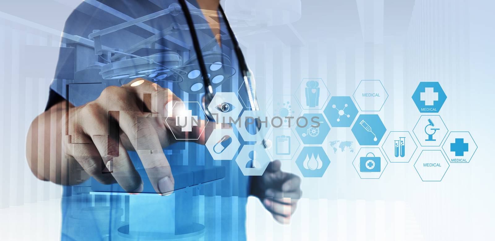 Double exposure of smart medical doctor working with operating r by everythingpossible