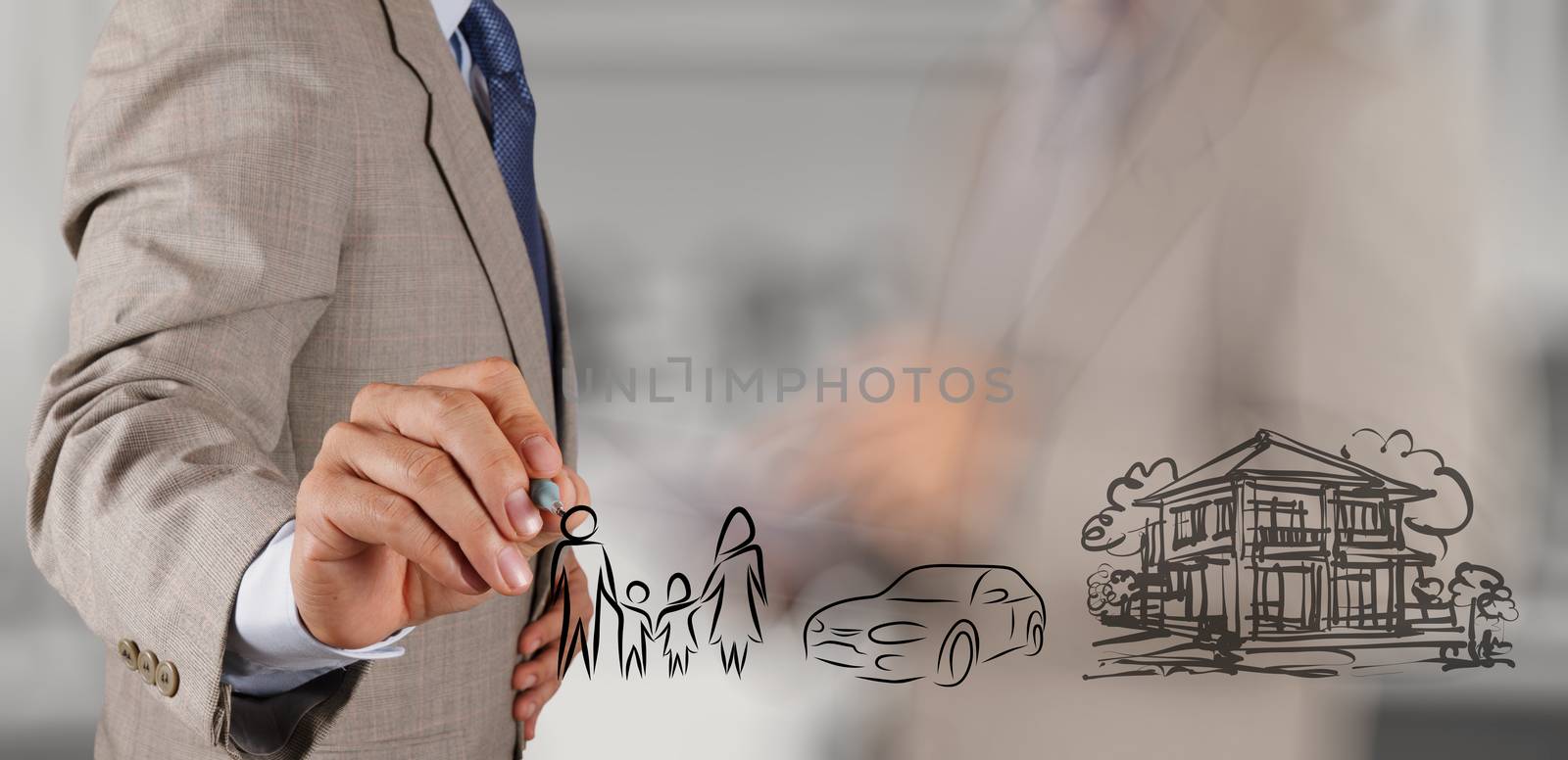 businessman hand show planning family future on screen background as concept 