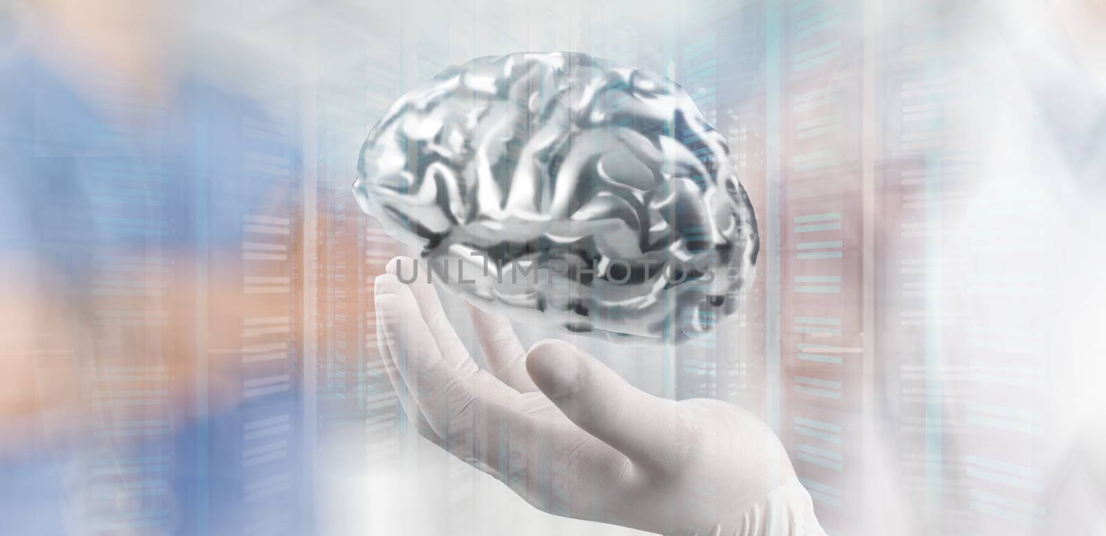 Double exposure of doctor neurologist hand show metal brain with computer interface as concept