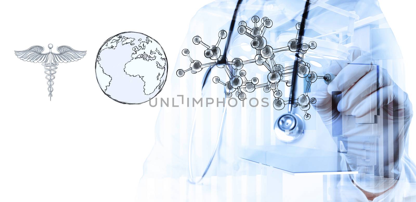 Double exposure of smart medical doctor drawing icons with operating room as concept