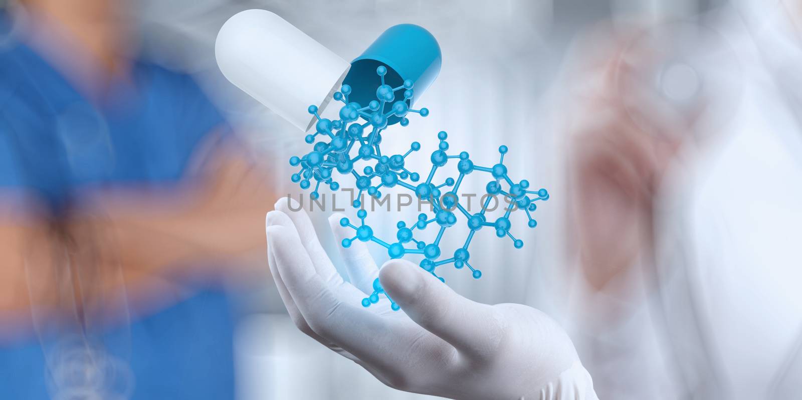 medical doctor with stethoscope in hand with capsule pill and molecule as medical concept 
