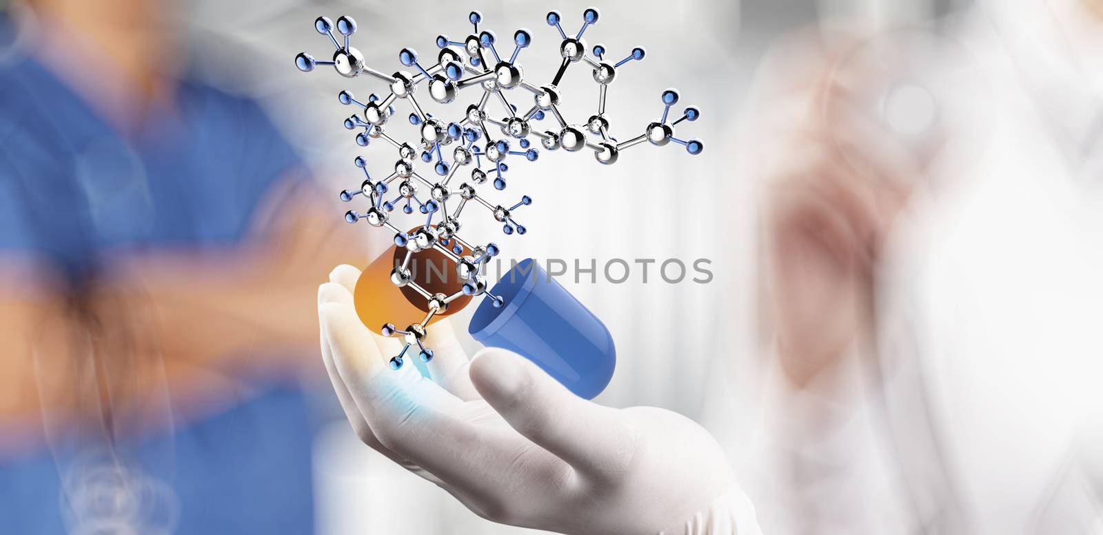 medical doctor with stethoscope in hand with capsule pill and molecule as medical concept 