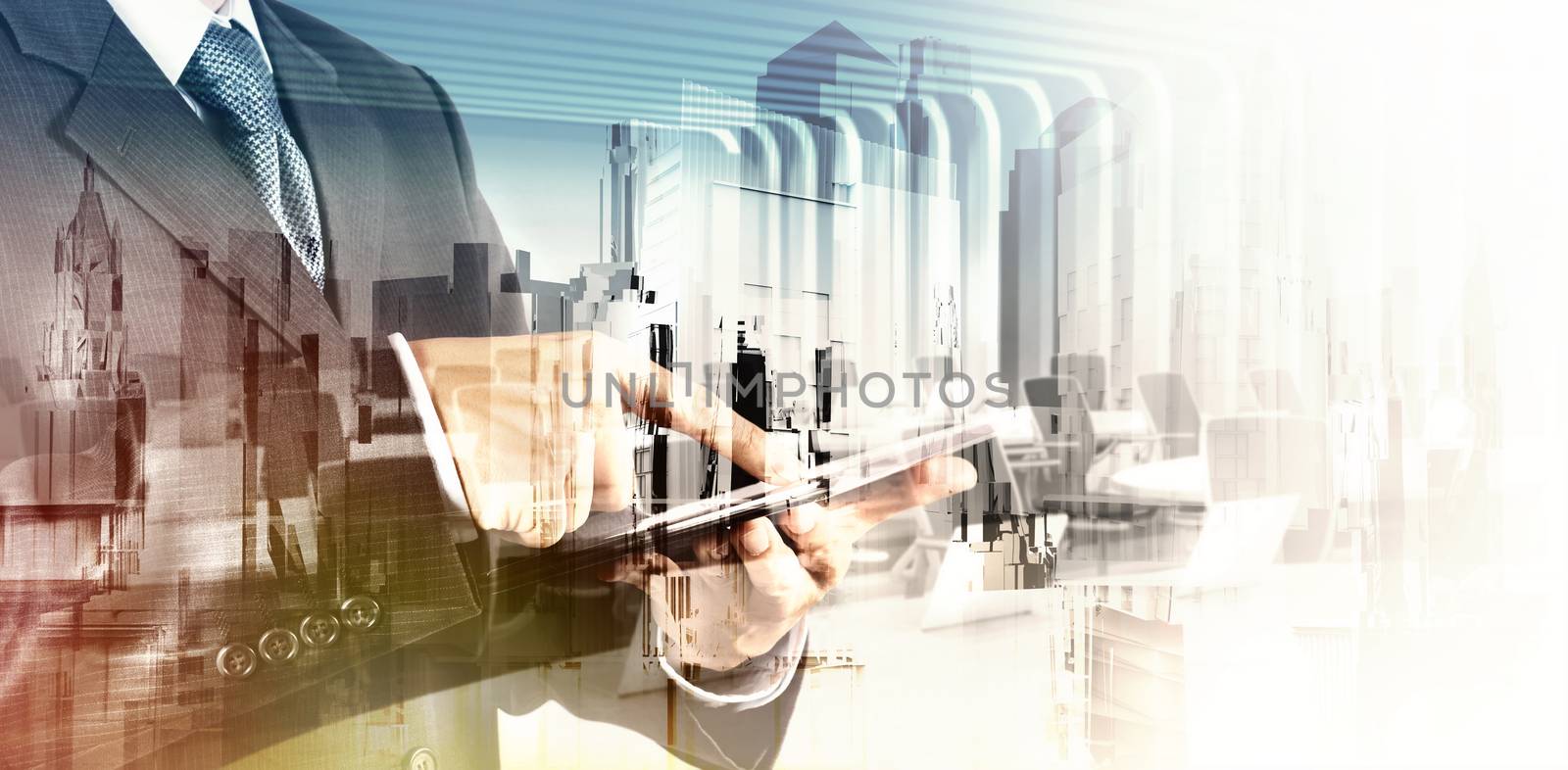 Double exposure of  businessman shows modern technology as conce by everythingpossible