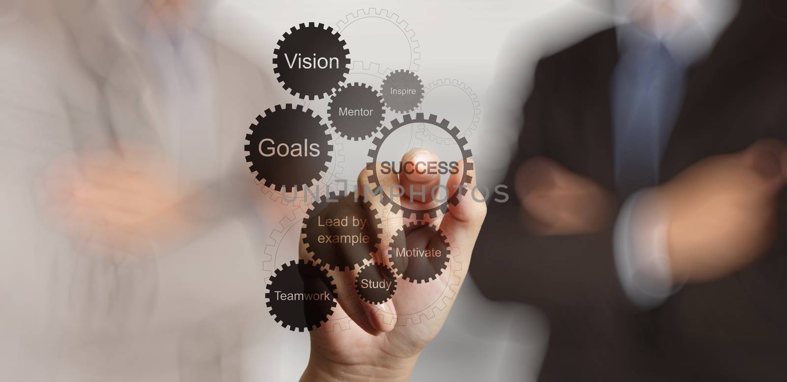 businessman hand shows gear business success chart concept 