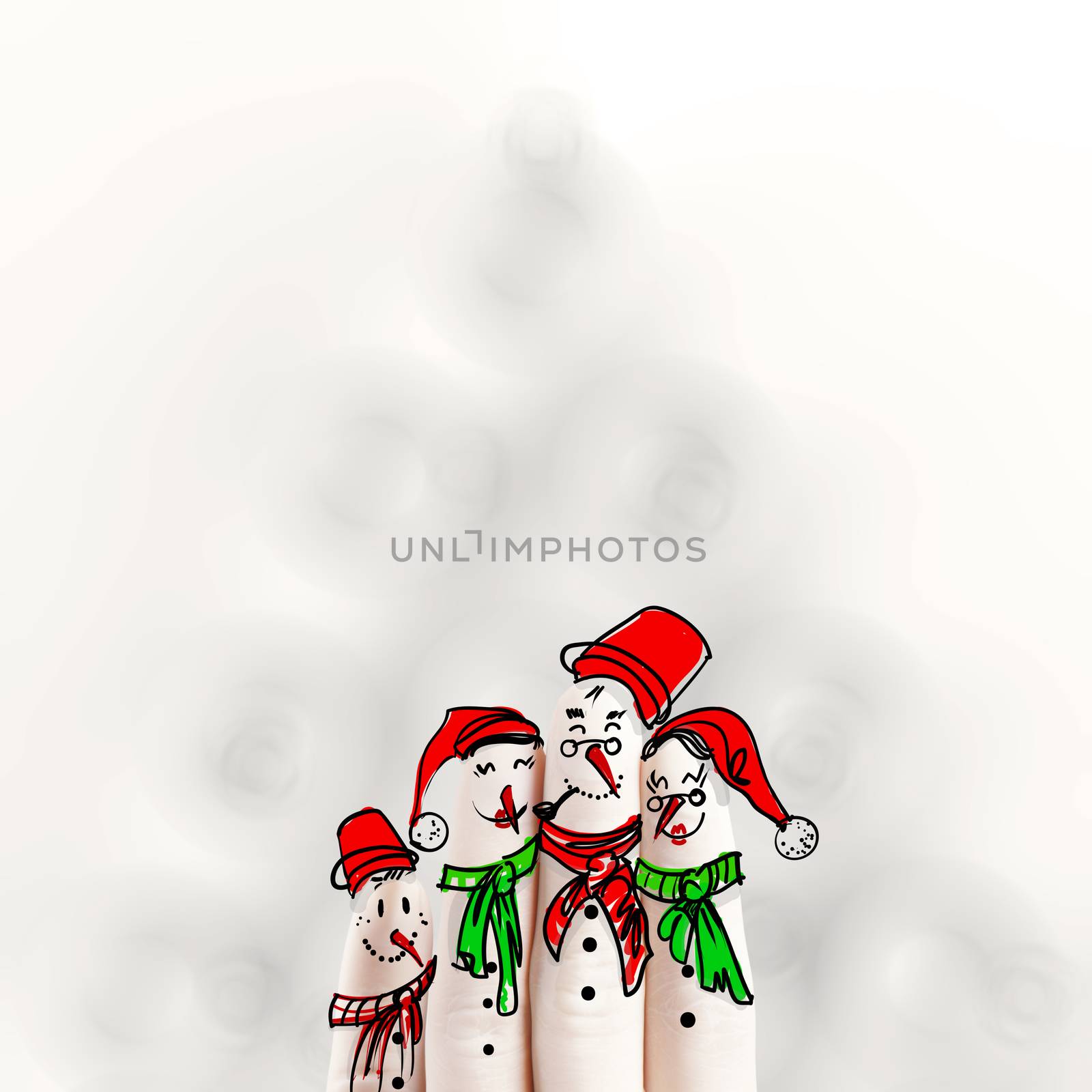 A lovely family hand drawn and finger of snowmen on blur background as concept idea