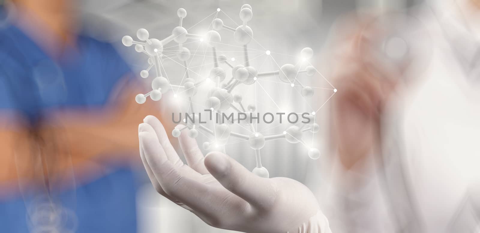 scientist doctor hand holds virtual molecular structure in the l by everythingpossible