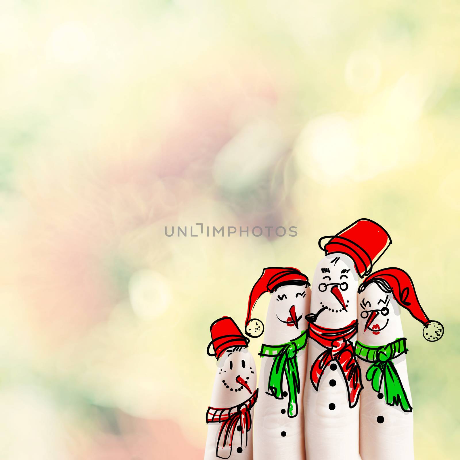 A lovely family hand drawn and finger of snowmen on flowers nature background as concept idea