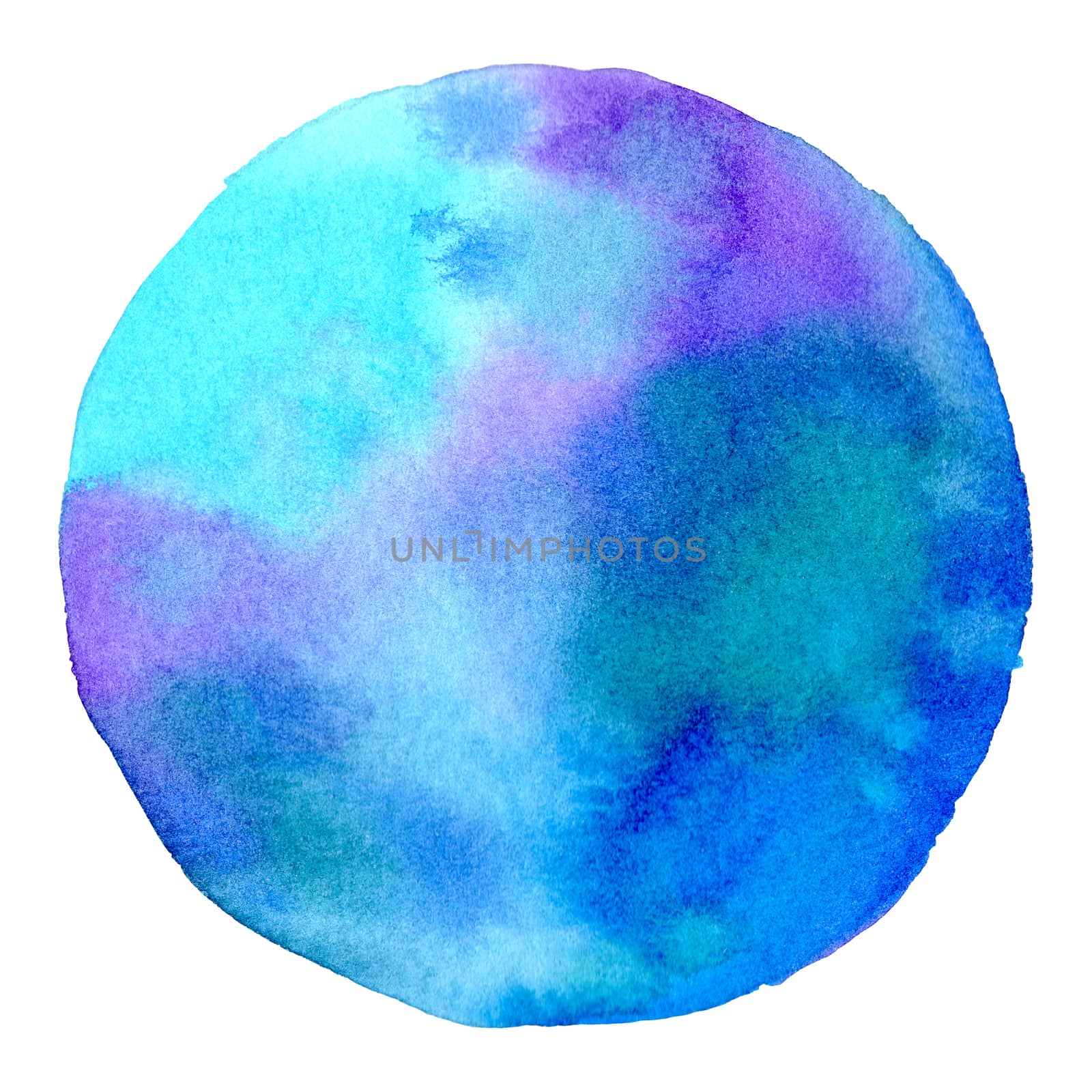 ฺBlue abstract watercolor hand painting in circle shape for the text message background. Colorful splashing in the paper. by Ungamrung