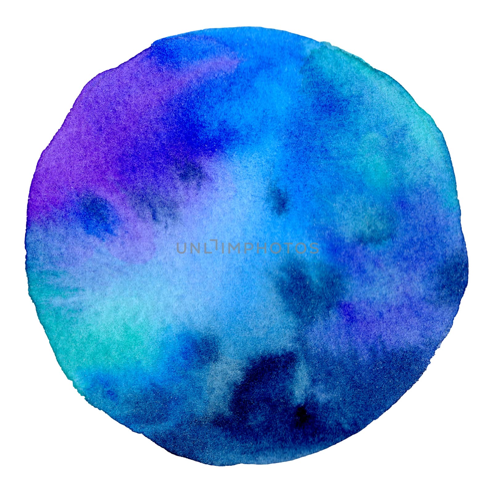 Blue abstract watercolor hand painting in circle shape for the text message background. Colorful splashing in the paper. by Ungamrung