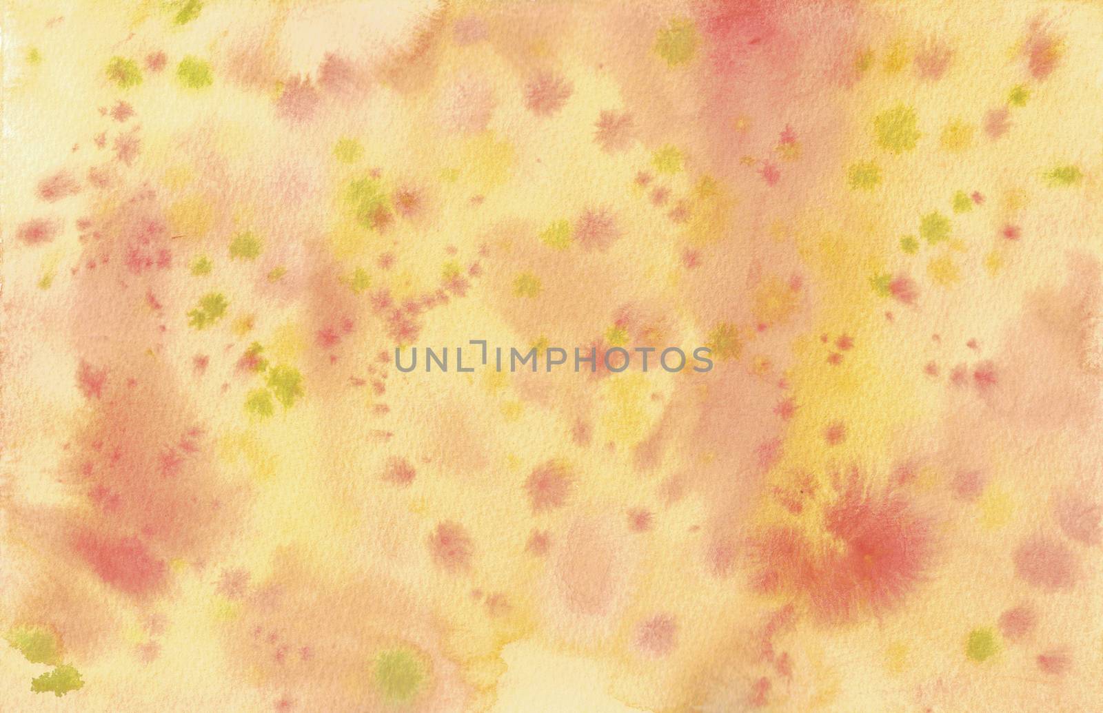colorful abstract hand painted watercolor background. Wet on wet techique. Yellow, orange and green color splash on paper. by Ungamrung