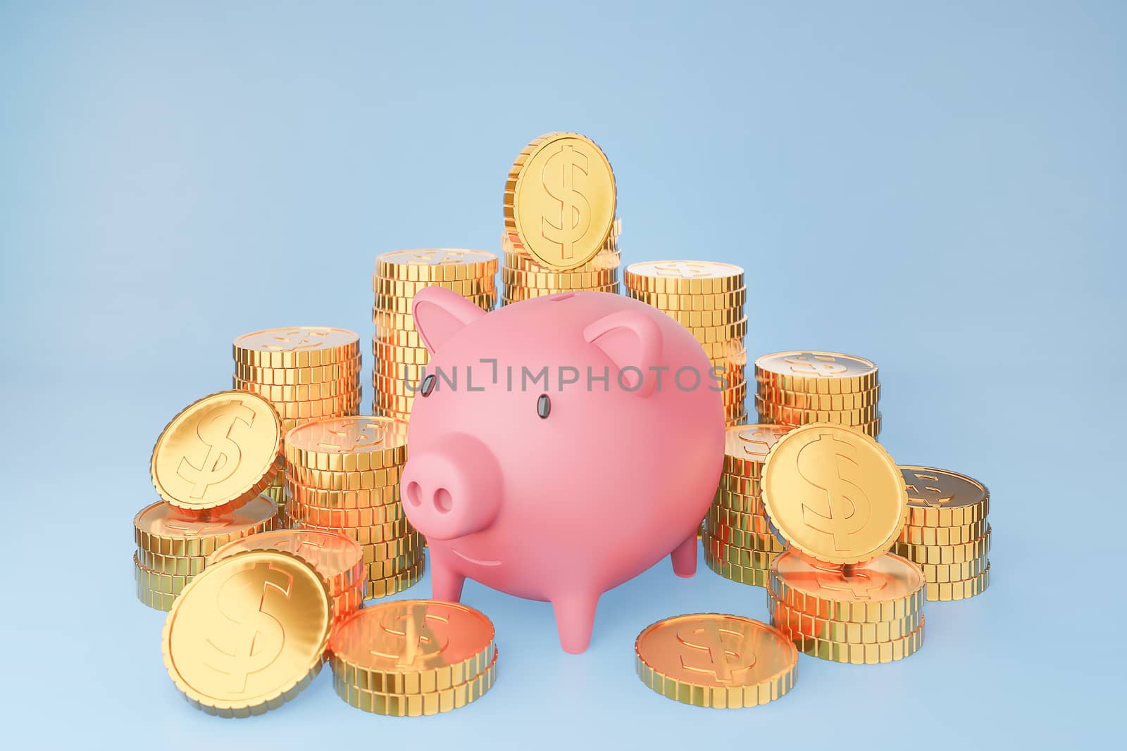 Pink piggy bank and many Golden coins tower on pastels background.3d model and illustration.