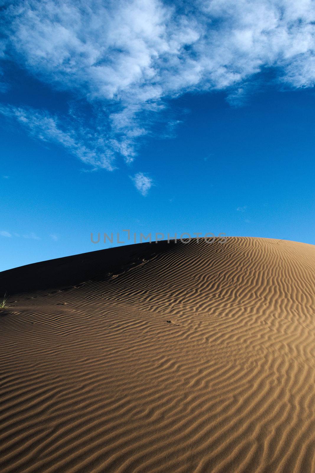 Large sand dune beneath a blue sky with clouds, in the desert of Lavalle, province of Mendoza, Argentina