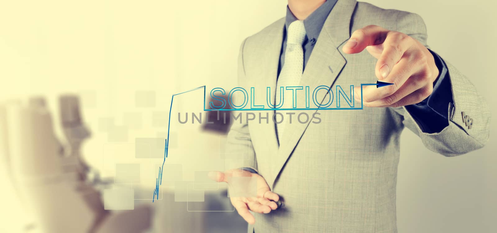 businessman hand pushing solution graph on a touch screen interf by everythingpossible