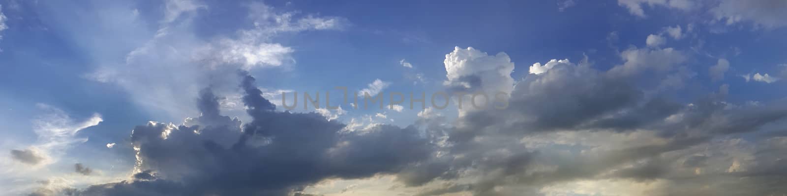 Vibrant color panoramic sky with cloud on morning. Beautiful cirrus cloud. Panorama high resolution photograph.