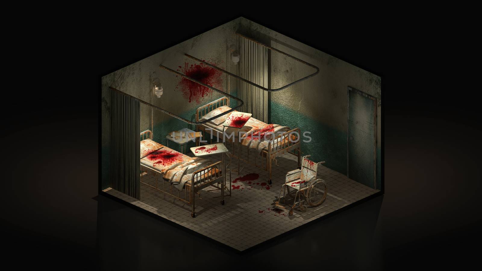 Horror and creepy ward room in the hospital with blood and wheelchair. 3d illustration Isomatric.