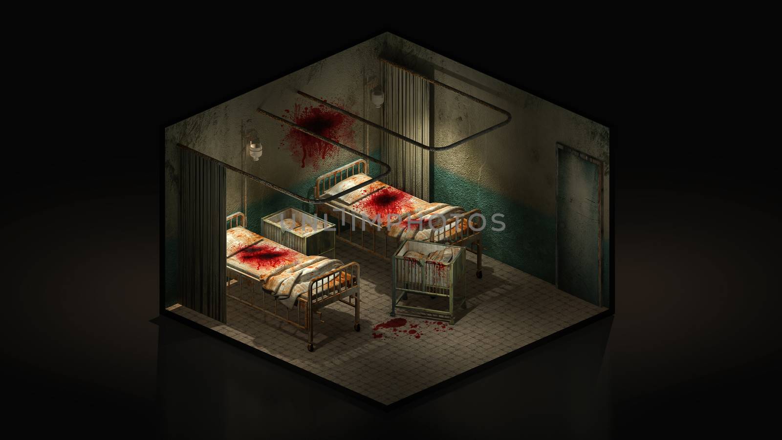 Horror and creepy ward room in the hospital with blood. 3d illustration Isomatric.