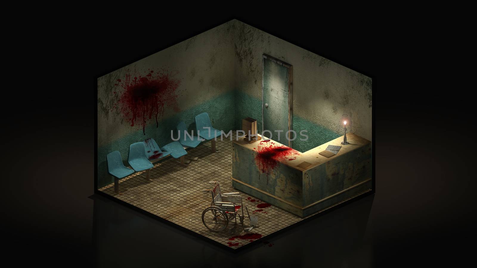 Horror and creepy seat waiting in front of the examination room in the hospital with blood. 3d illustration Isomatric.