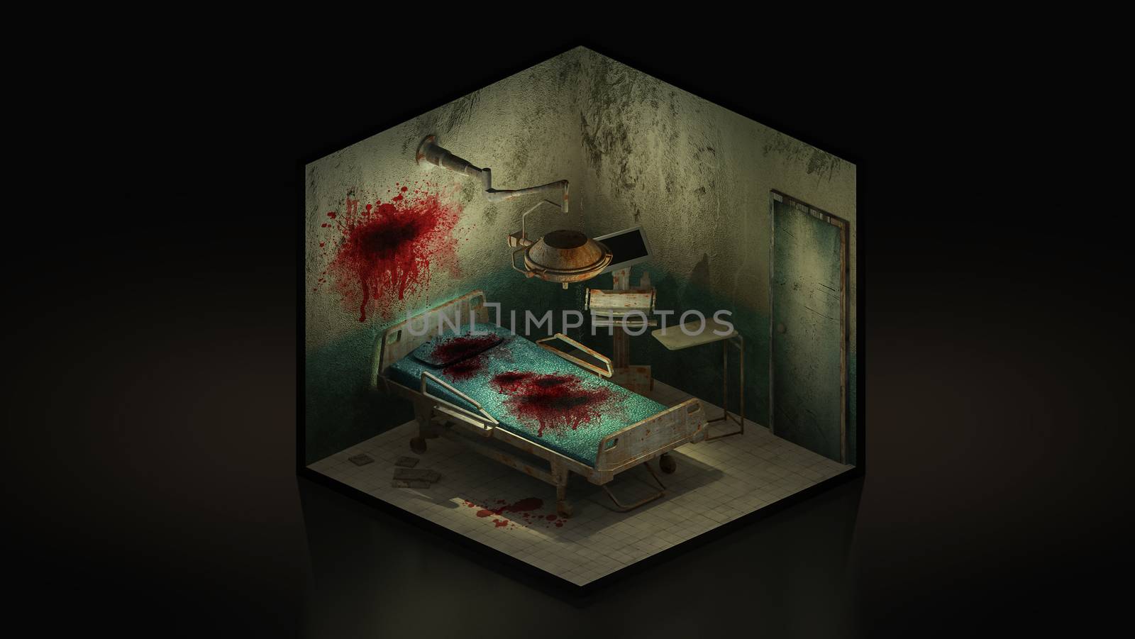 Horror and creepy abandoned operating room in the hospital with blood. 3d illustration Isomatric.