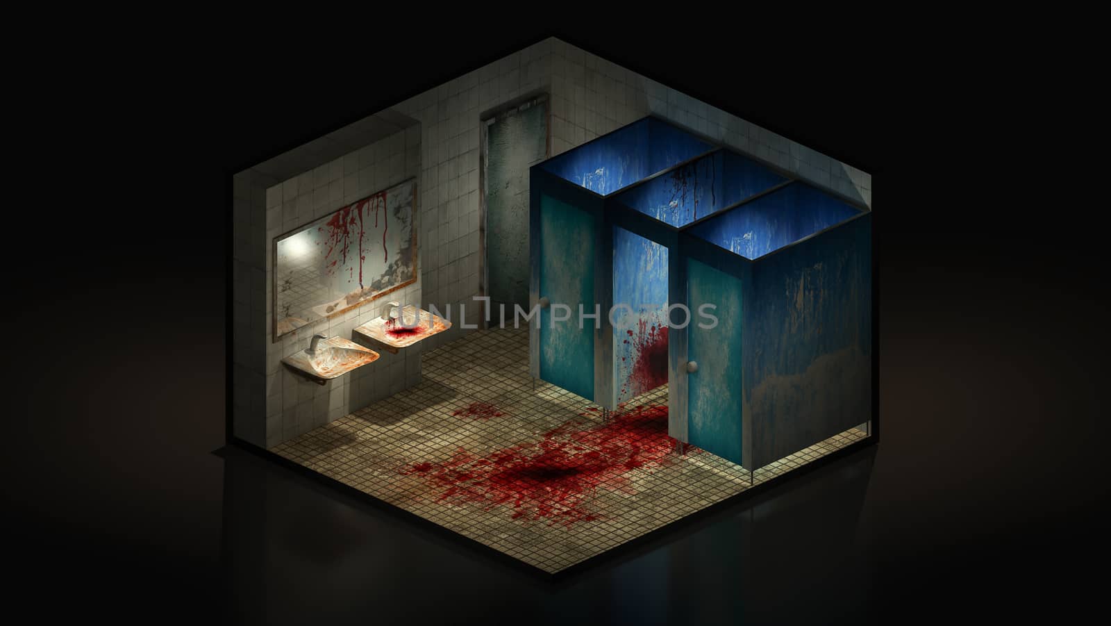 Horror and creepy toilet in the hospital with blood. 3d illustration Isomatric.
