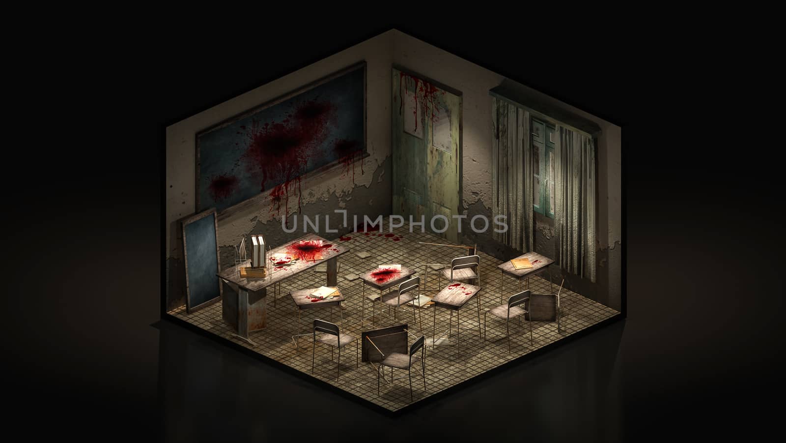 Horror and creepy classroom in the school with blood. 3d illustration Isomatric.