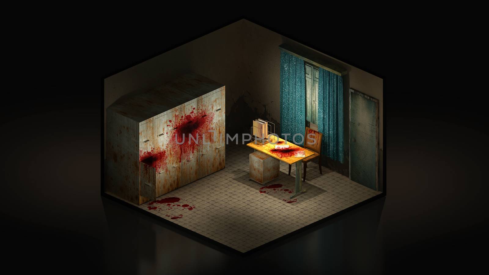 Horror and creepy mortuary in the hospital with blood. 3d illustration Isomatric.