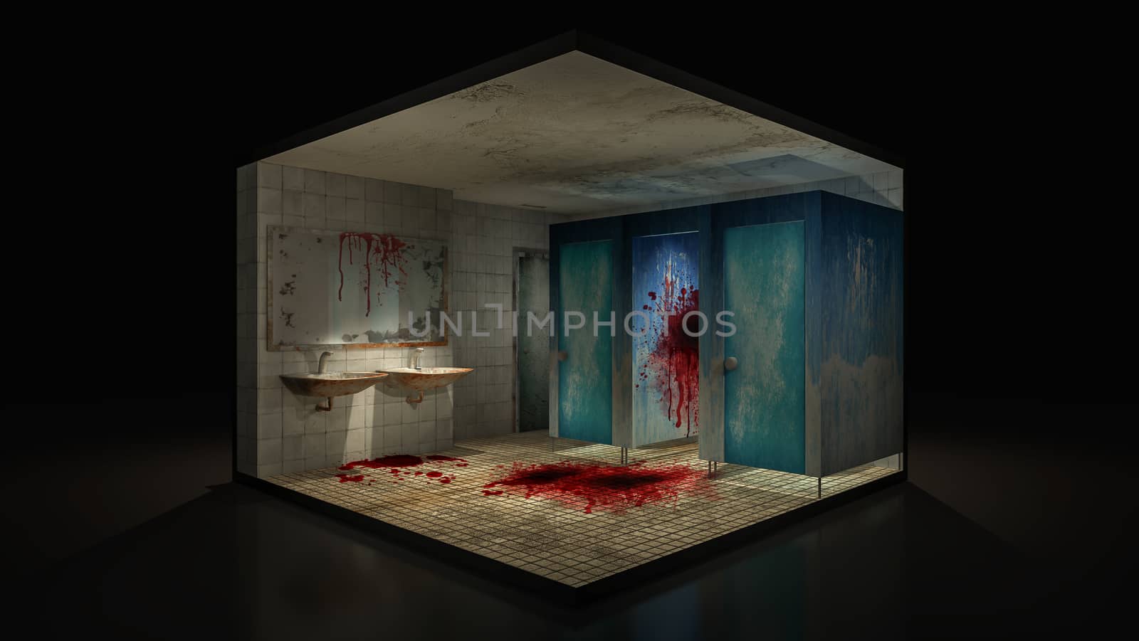 Horror and creepy toilet in the hospital with blood. 3d illustration.