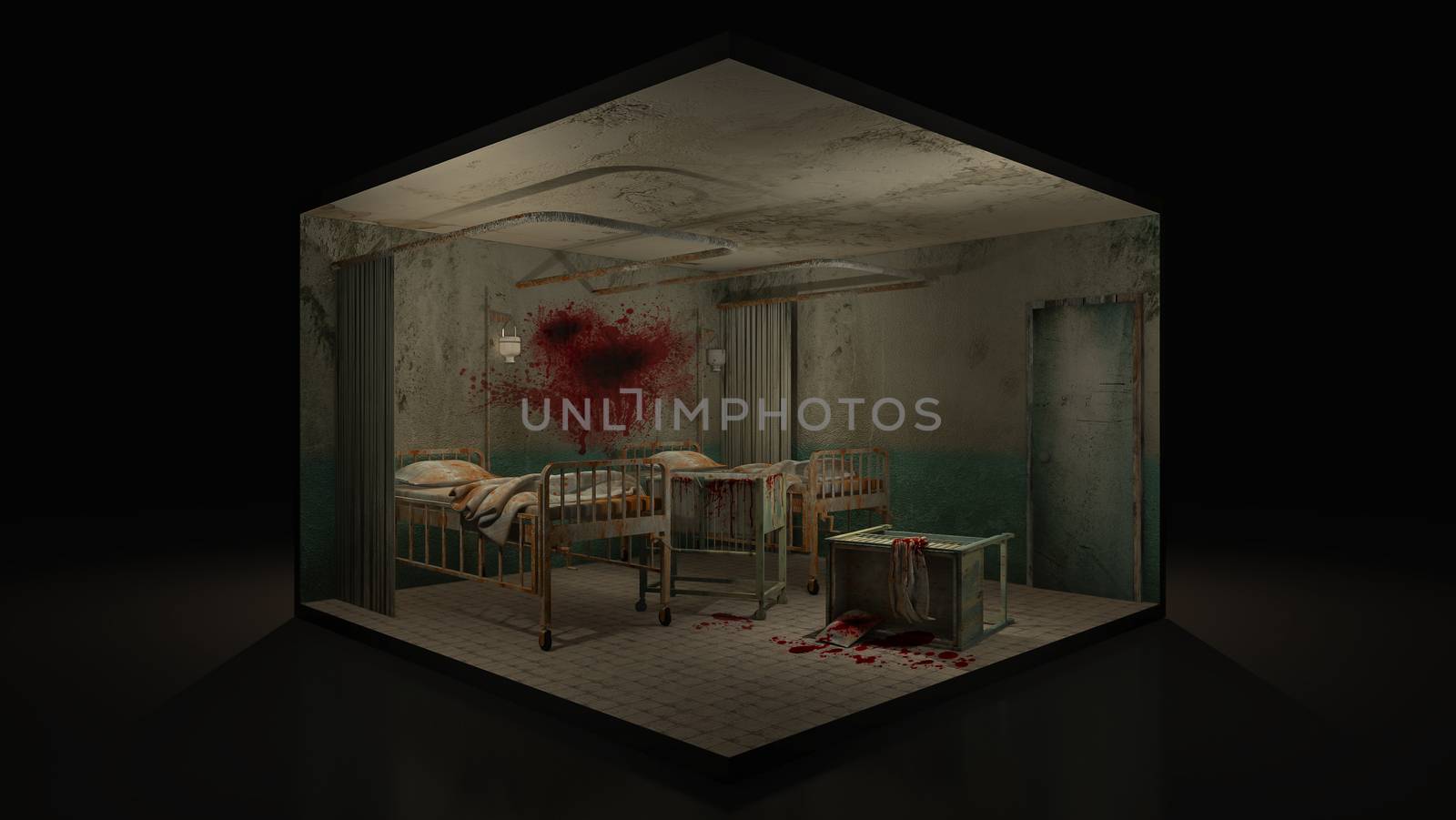 Horror and creepy ward room in the hospital with wheelchair and blood. 3d illustration.