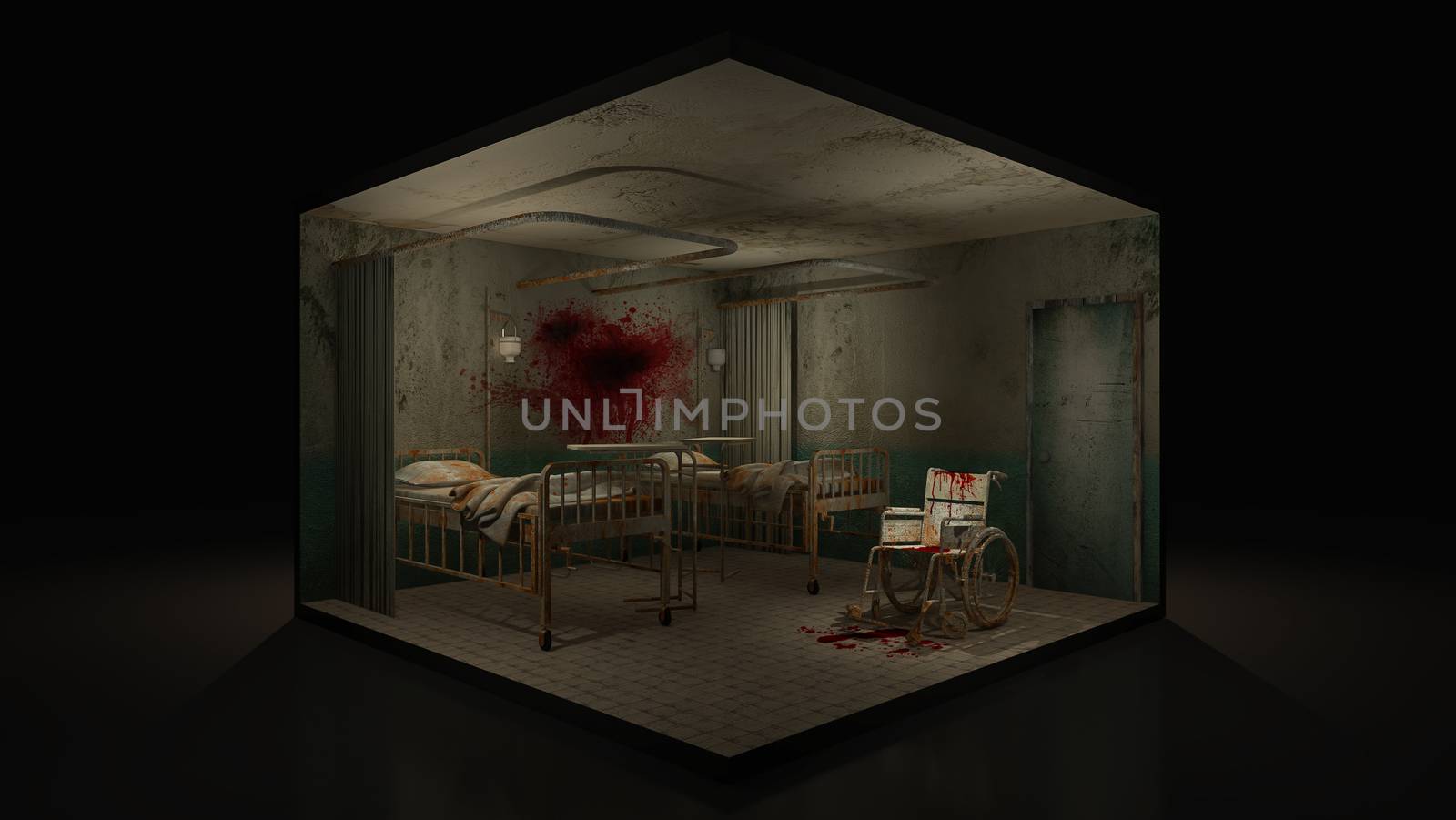 Horror and creepy ward room in the hospital with wheelchair with blood. 3d illustration.