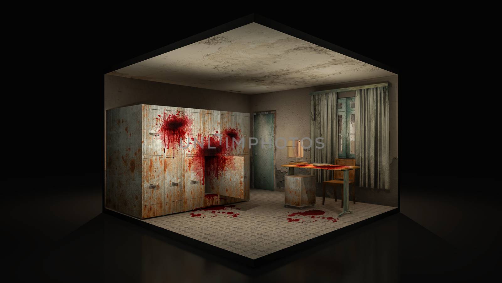 Horror and creepy mortuary in the hospital with blood. 3d illustration.