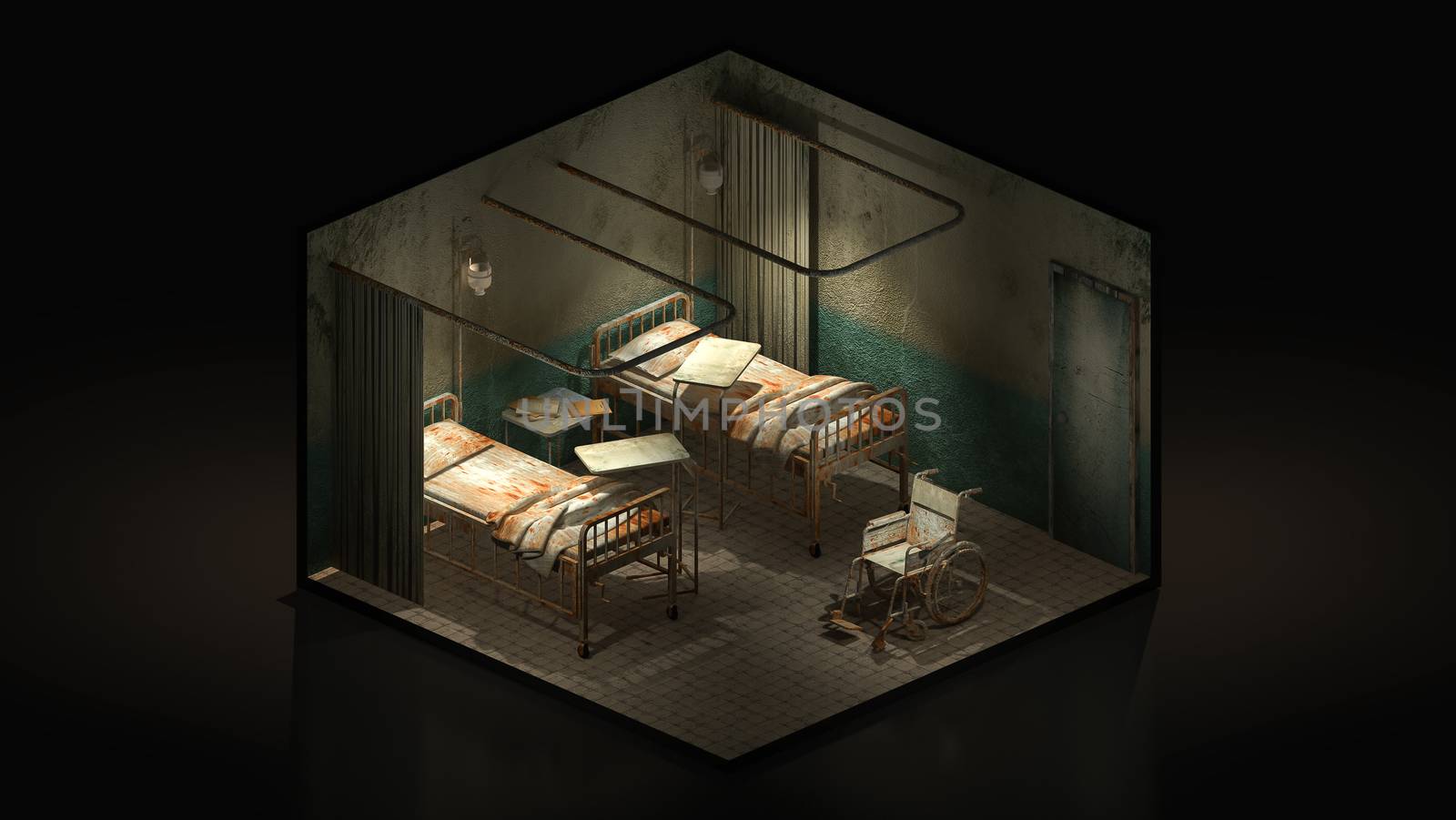 Horror and creepy ward room in the hospital with wheelchair.,3d illustration Isomatric.