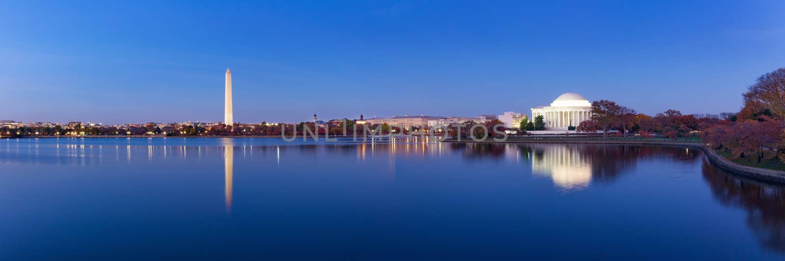 Jeffeerson Memorial and Washington Monument reflected on Tidal Basin in the evening. by Tanarch