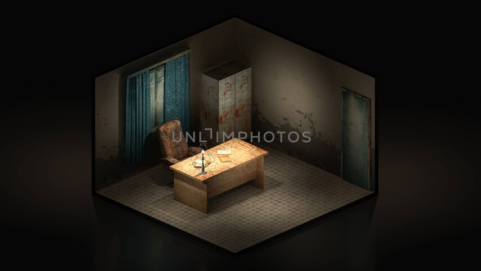 Horror and creepy working room in the hospital .3D rendering.,3d illustration Isomatric.