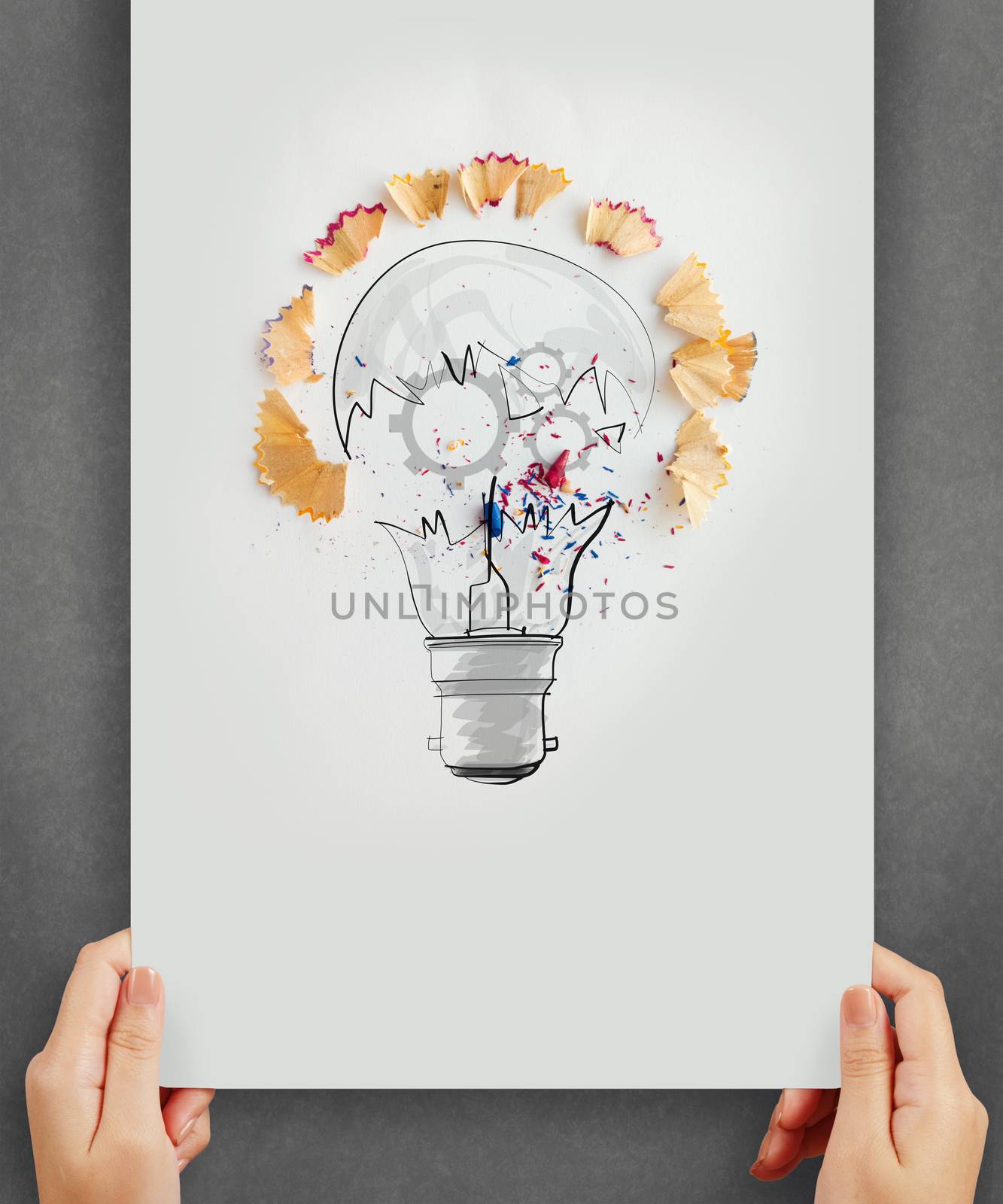 hand drawing light bulb with pencil saw dust and gears icon on p by everythingpossible