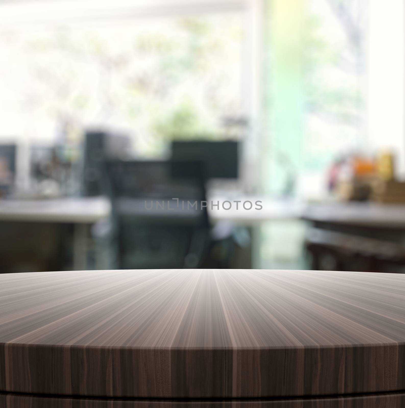 Empty wooden round table and blurred background for product pres by everythingpossible