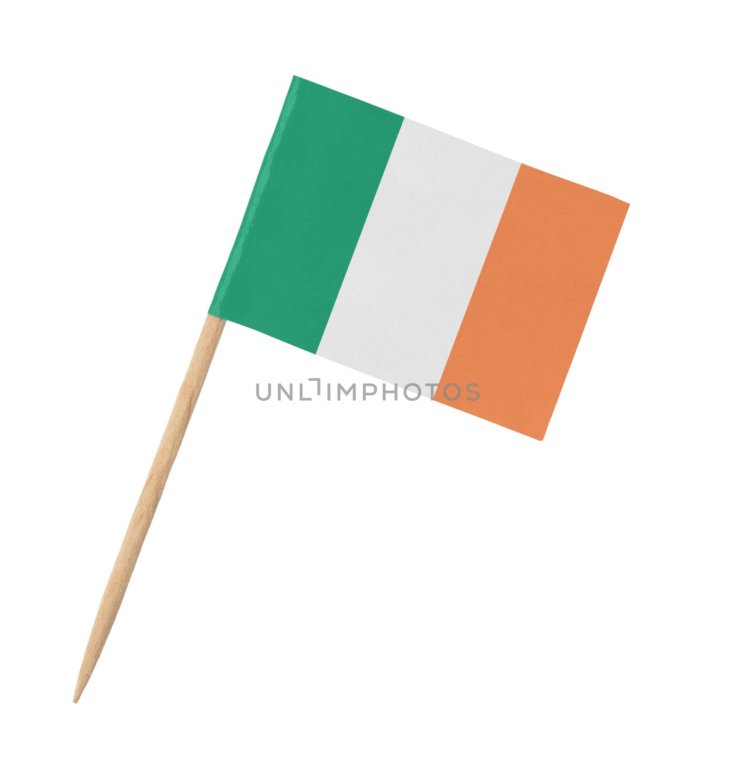 Small paper Irish flag on wooden stick, isolated on white