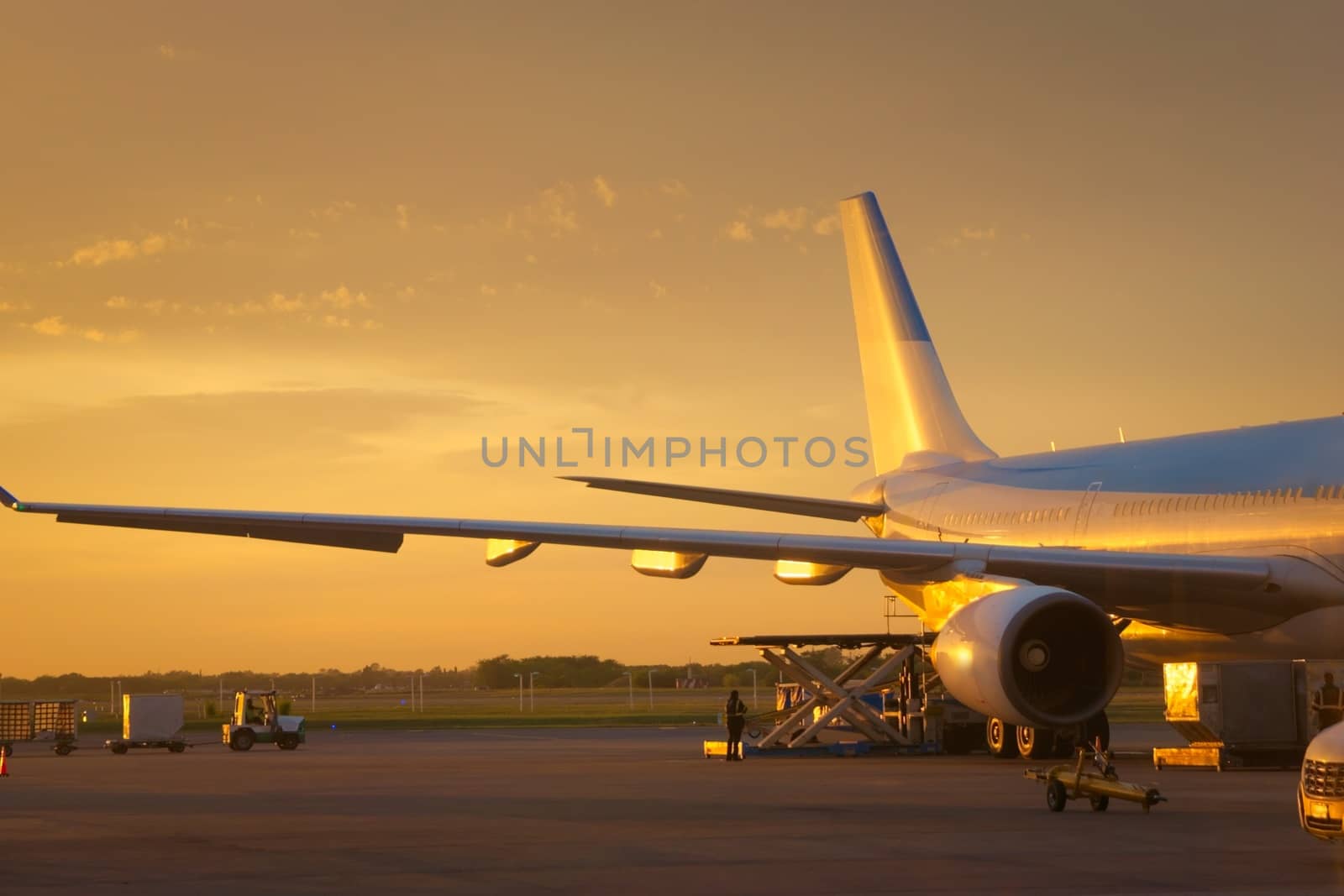 Airport ground crew loading cargo and luggage on a commercial aircraft at dawn. by hernan_hyper