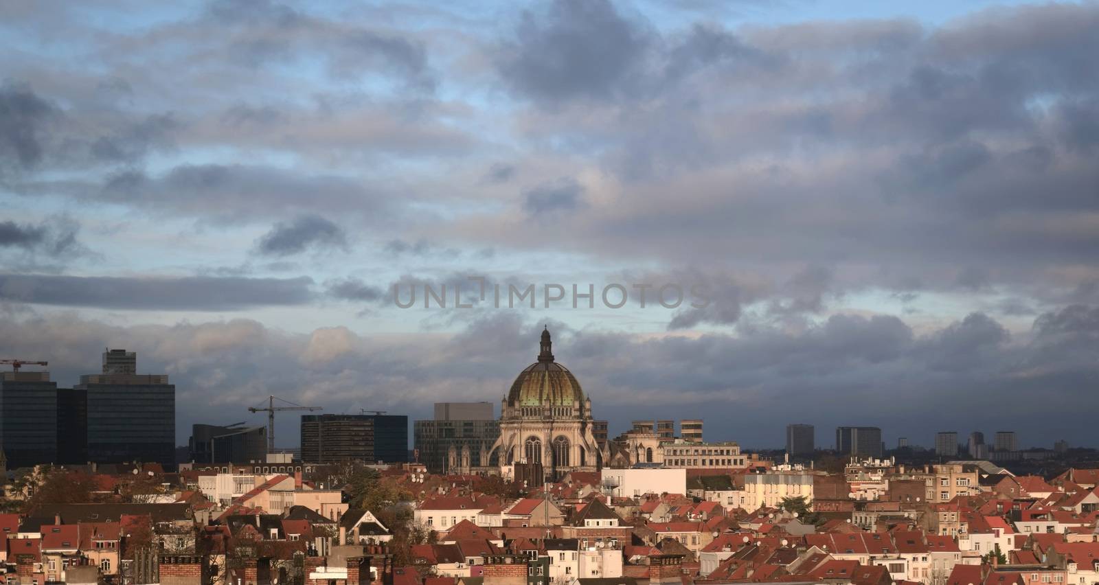 Cityscape of Brussels, Belgium, with the dome of Saint Mary's Royal Church at the center.