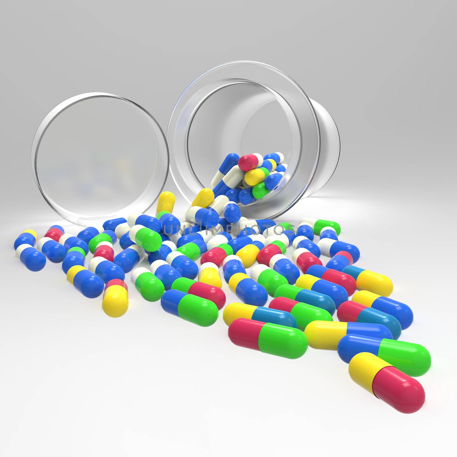 Pills 3d spilling out of pill bottle on white 