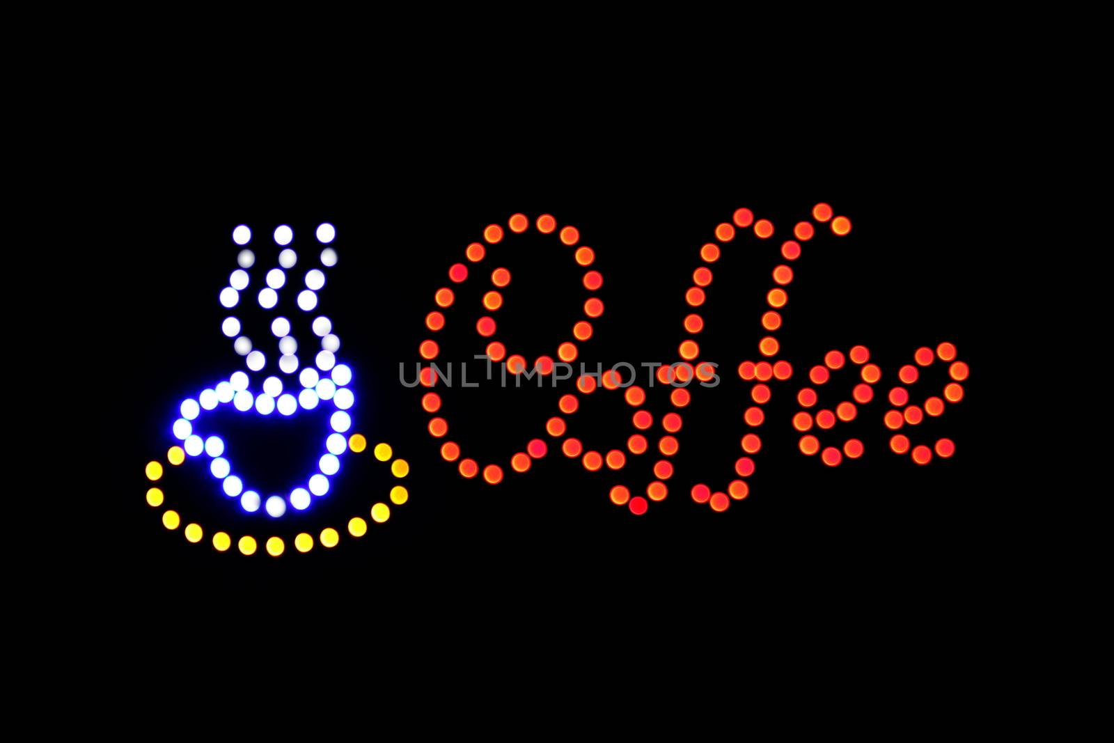 Coffee shop sign LED Bokeh light on dark background, Coffee shop sign Light signage bokeh dot colorful, Sign word coffee cup neon dot light symbol on black background by cgdeaw