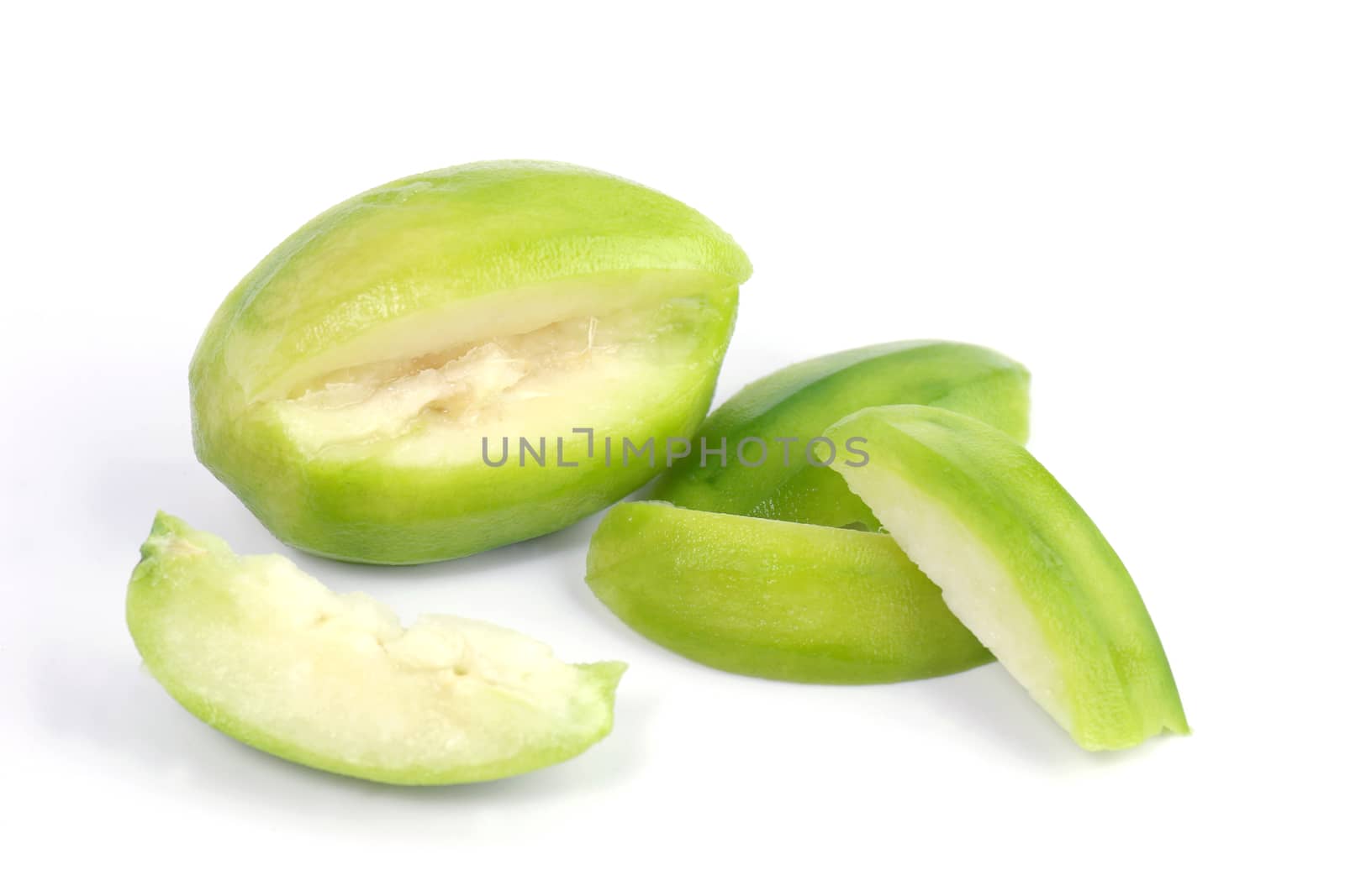 Ma Kok Nam (Thai word), Elaeocarpus hygrophilus Kurz fruits on white background, the fruits are used as foods in some Southeast Asian countries like Thailand by cgdeaw