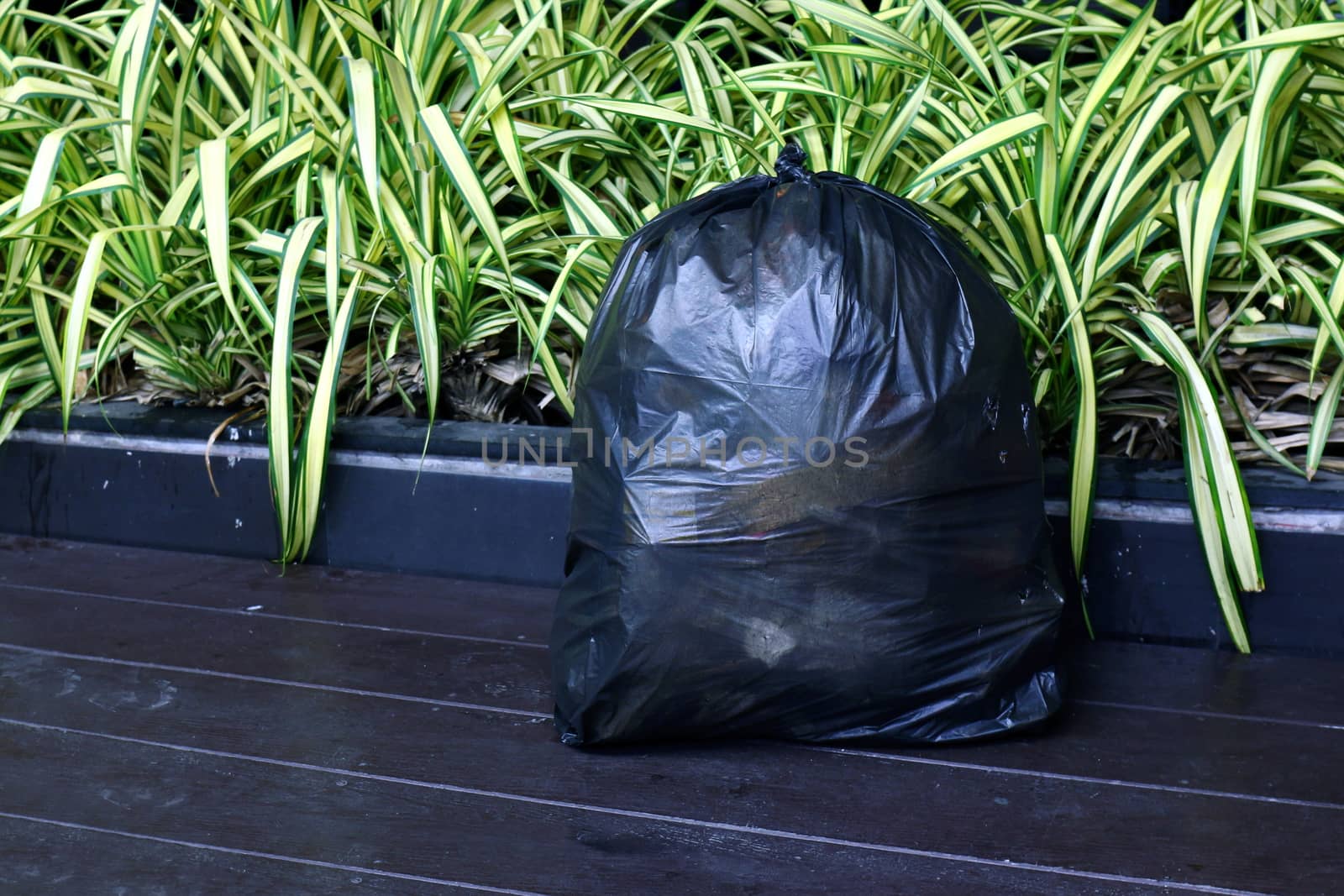 plastic waste bag, black plastic garbage bag placed on wooden floor, bag plastic bagging garbage