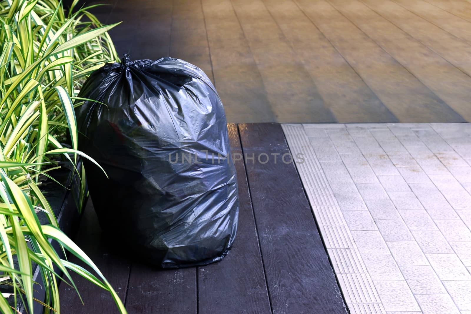 Waste plastic bag, Garbage bag plastic black on the floor, Garbage, Trash, Bin, Pollution of waste plastic, Waste on sidewalk by cgdeaw