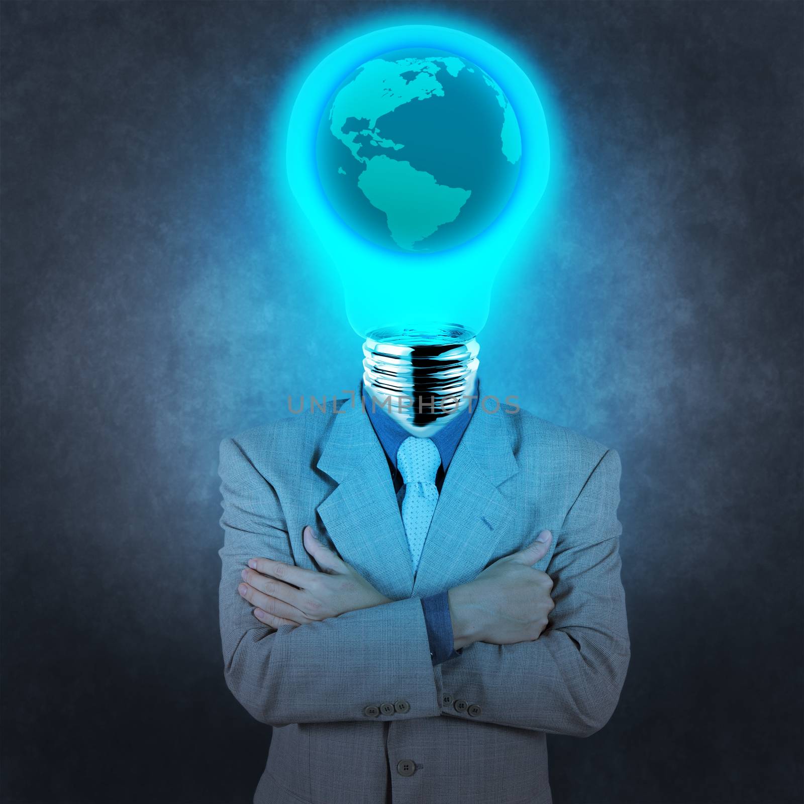 businessman with lamp-head and world inside concept on texture background