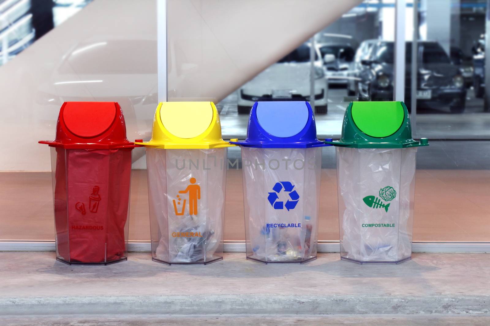 Bin, Recycle bin, Plastic waste bin, Trash Red Yellow Blue and green 4 types of waste for recycle at park