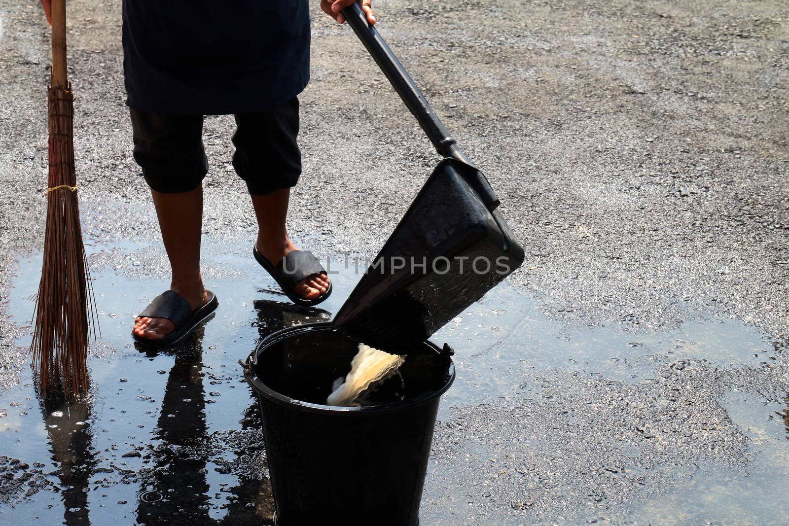 people are sweeping dirty water at ground streets, cleaner floor, housemaid, housekeeper, homemaker, maidservant, maid by cgdeaw