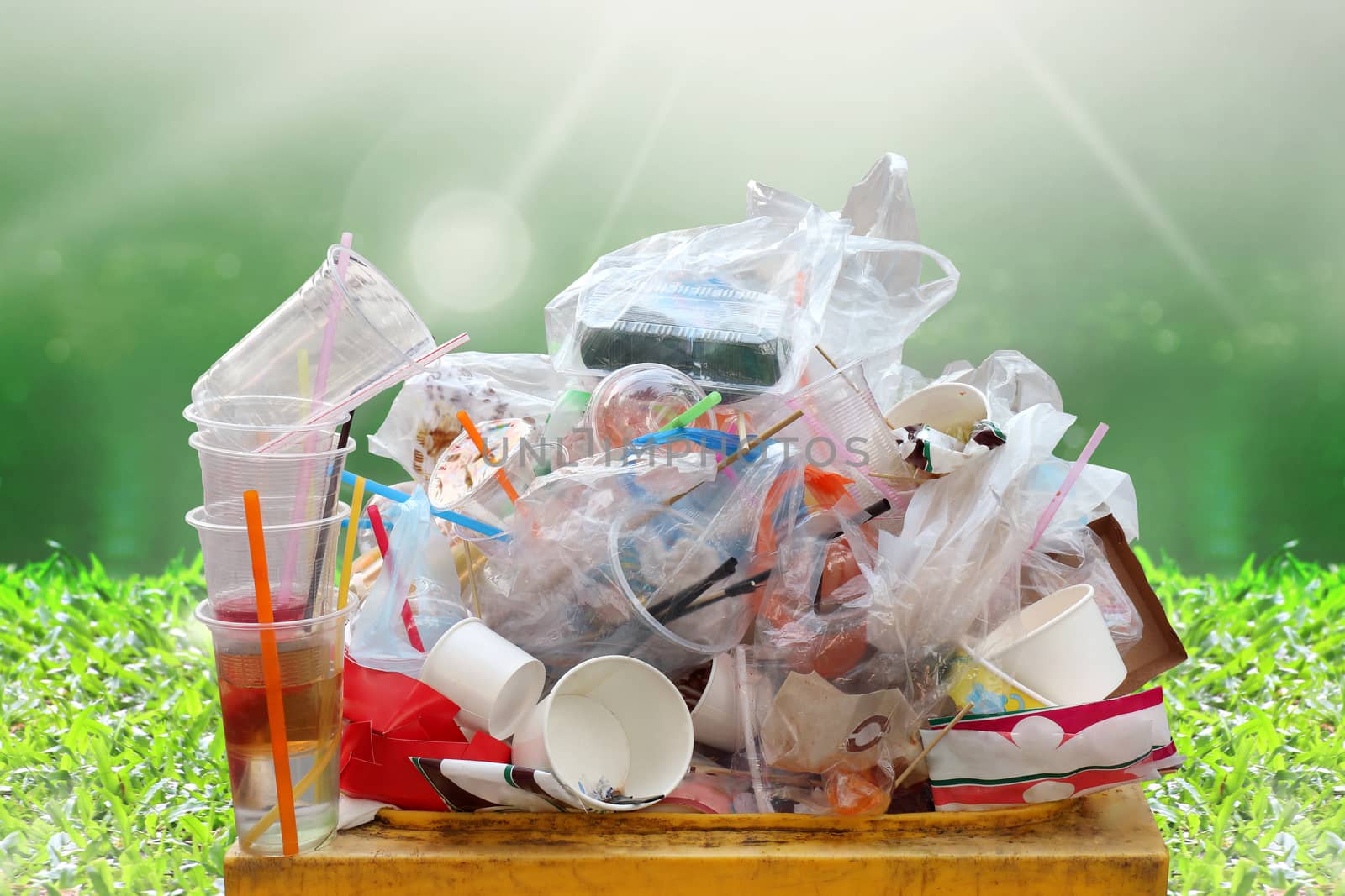 garbage, dump, plastic waste, pile of garbage plastic waste bottle and bag foam tray many on bin yellow, plastic waste pollution, lots garbage on nature river and sunshine background