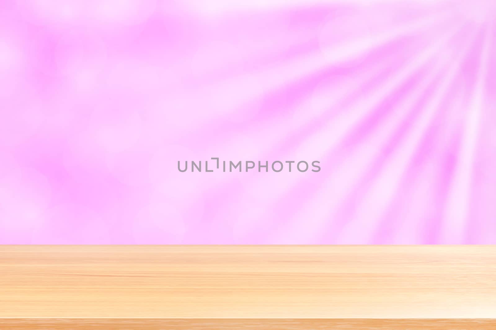 empty wood table floors on soft pink bokeh lights beam shine gradient background, wooden plank empty on pink bokeh colorful light shine, pink colorful bokeh lights gradient soft for banner advertising by cgdeaw