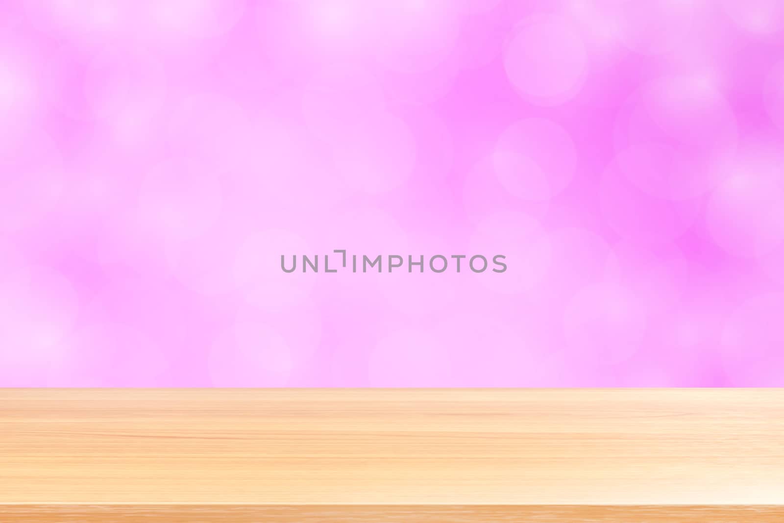 empty wood table floors on blurred bokeh soft pink gradient background, wooden plank empty on pink bokeh colorful light shade, colorful bokeh lights gradient soft for banner advertising products by cgdeaw