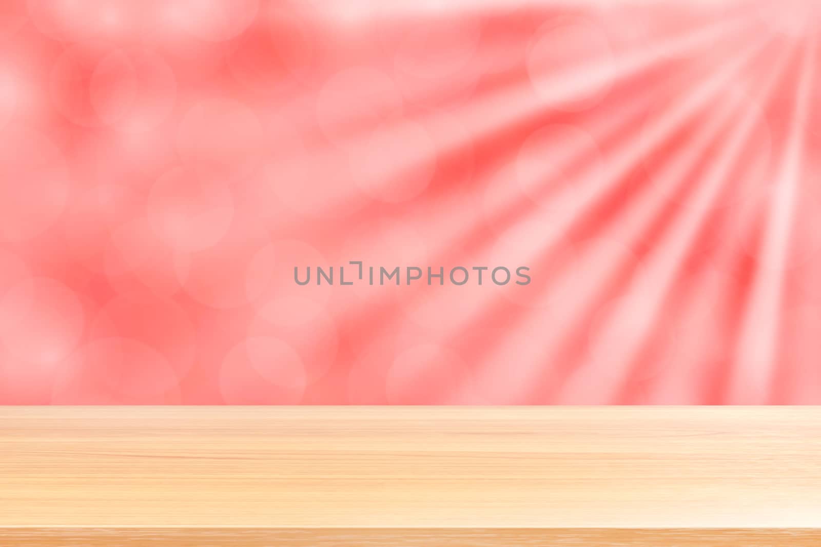 empty wood table floors on soft red bokeh lights beam shine gradient background, wooden plank empty on red bokeh colorful light shine, red colorful bokeh lights gradient soft for banner advertising by cgdeaw